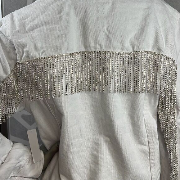 Blank NYC White Denim Rhinestones Fringe Jacket NWT S - Picture 3 of 16